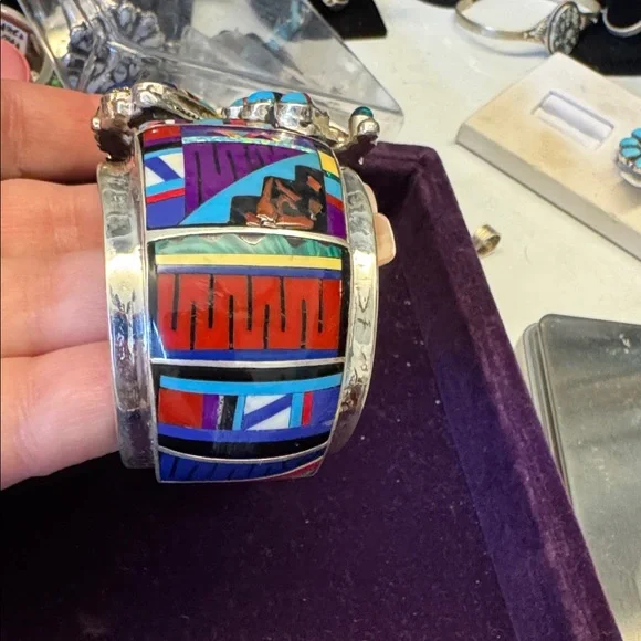 Native-Inspired Multi-Color Inlay Cuff Bracelet - Picture 3 of 6